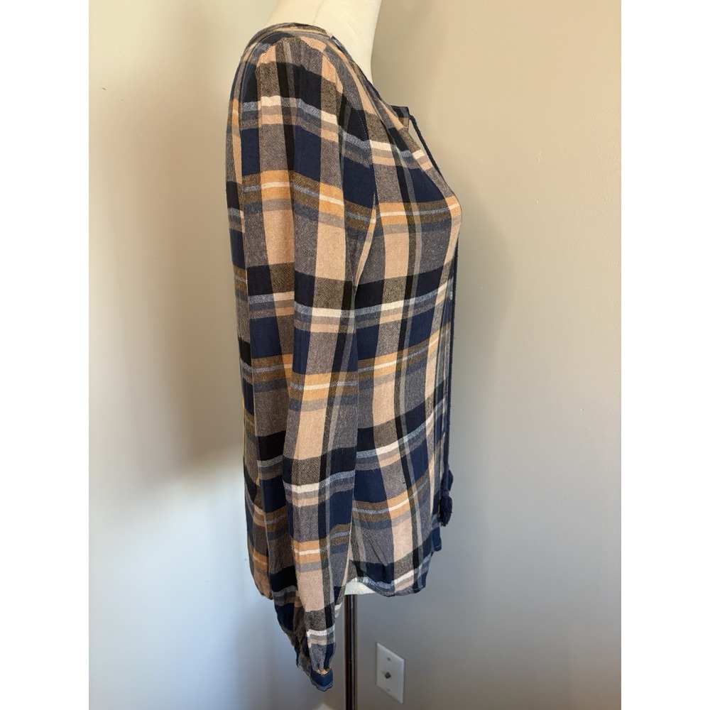 Liverpool Plaid Button Up Peasant Blouse Top Navy Blue Tan Tassel Tie S Small - Picture 3 of 9